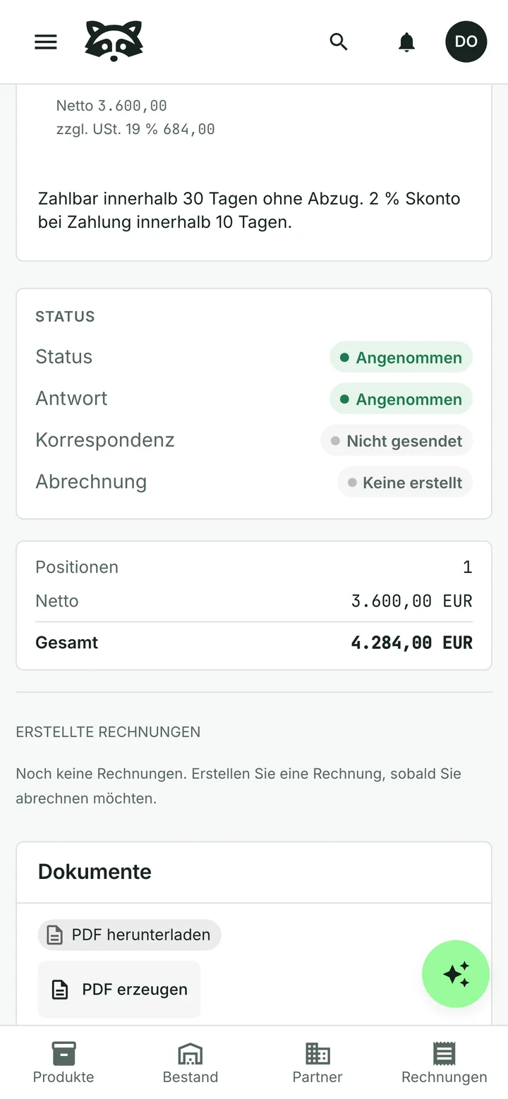 The same German quotation after the customer accepted it, with Rechnung erstellen as the next step and a gross amount of 4.284,00 EUR