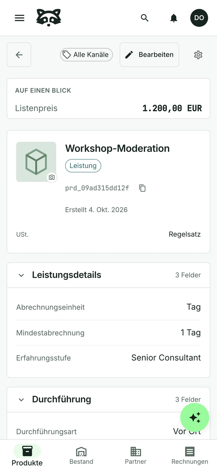 A German-language service record for Workshop-Moderation, billed by the day with a one-day minimum, at Senior Consultant level and a list price of 1.200,00 EUR