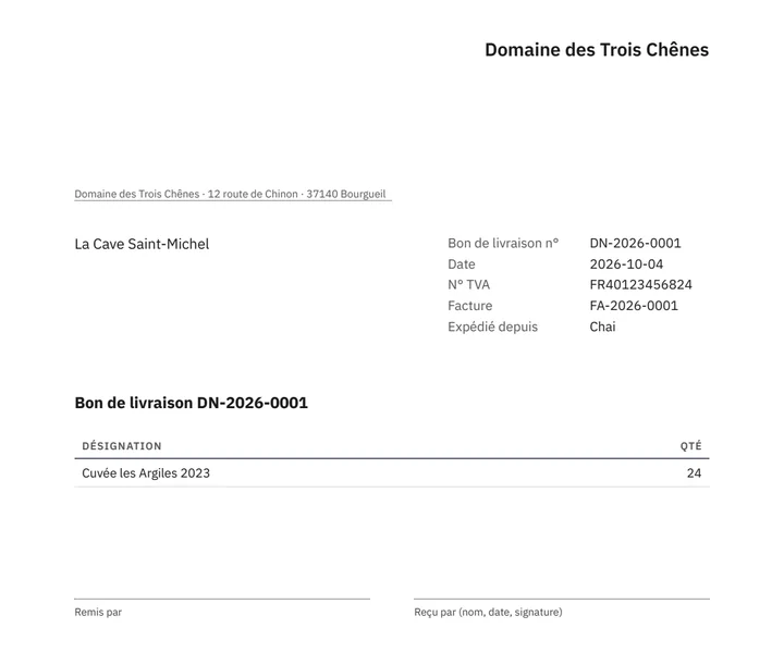 A French delivery note, Bon de livraison DN-2026-0001, from Domaine des Trois Chênes to La Cave Saint-Michel for 24 bottles of Cuvée les Argiles 2023 against invoice FA-2026-0001, with signature lines for handover and receipt