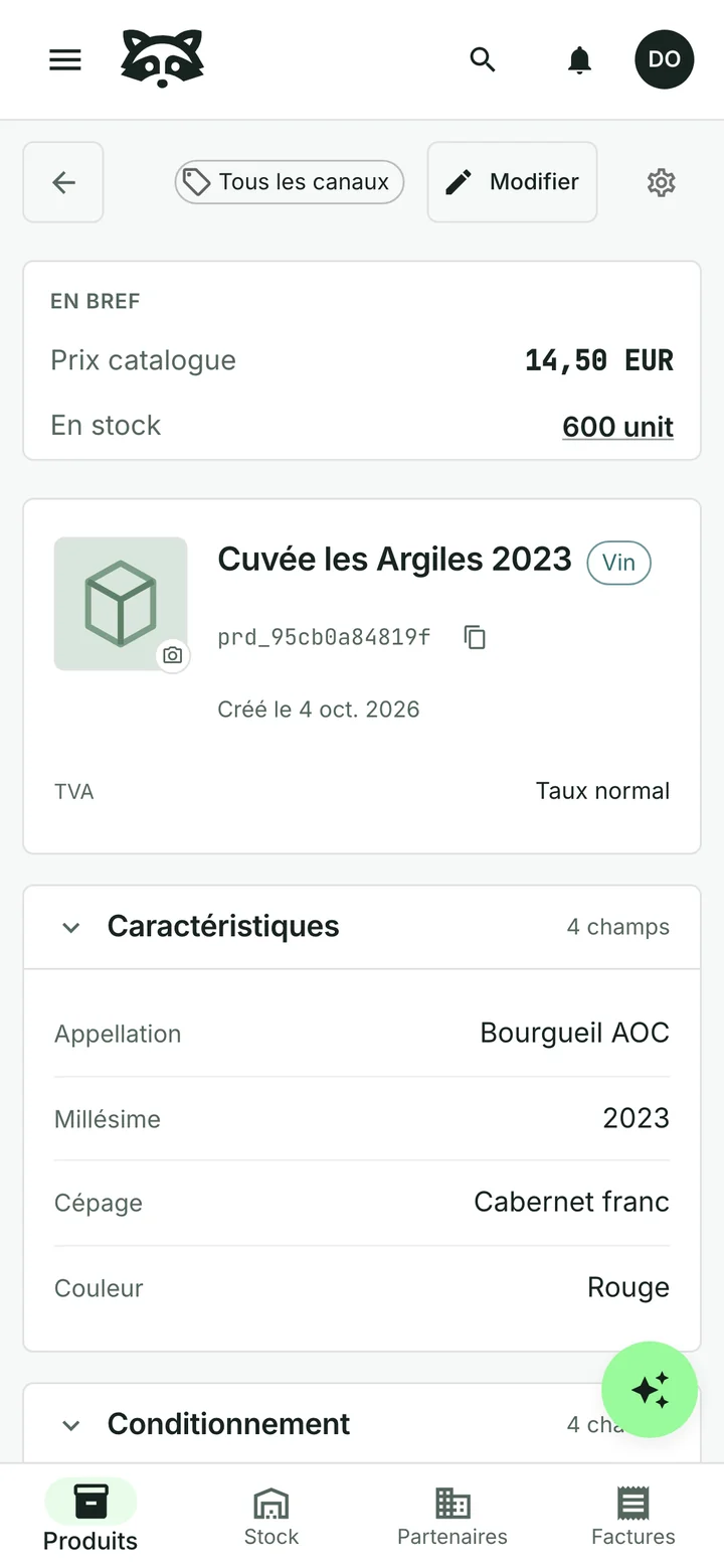 A French-language wine record for Cuvée les Argiles 2023, showing its Bourgueil AOC appellation, 2023 vintage, Cabernet franc grape and 14,50 EUR list price