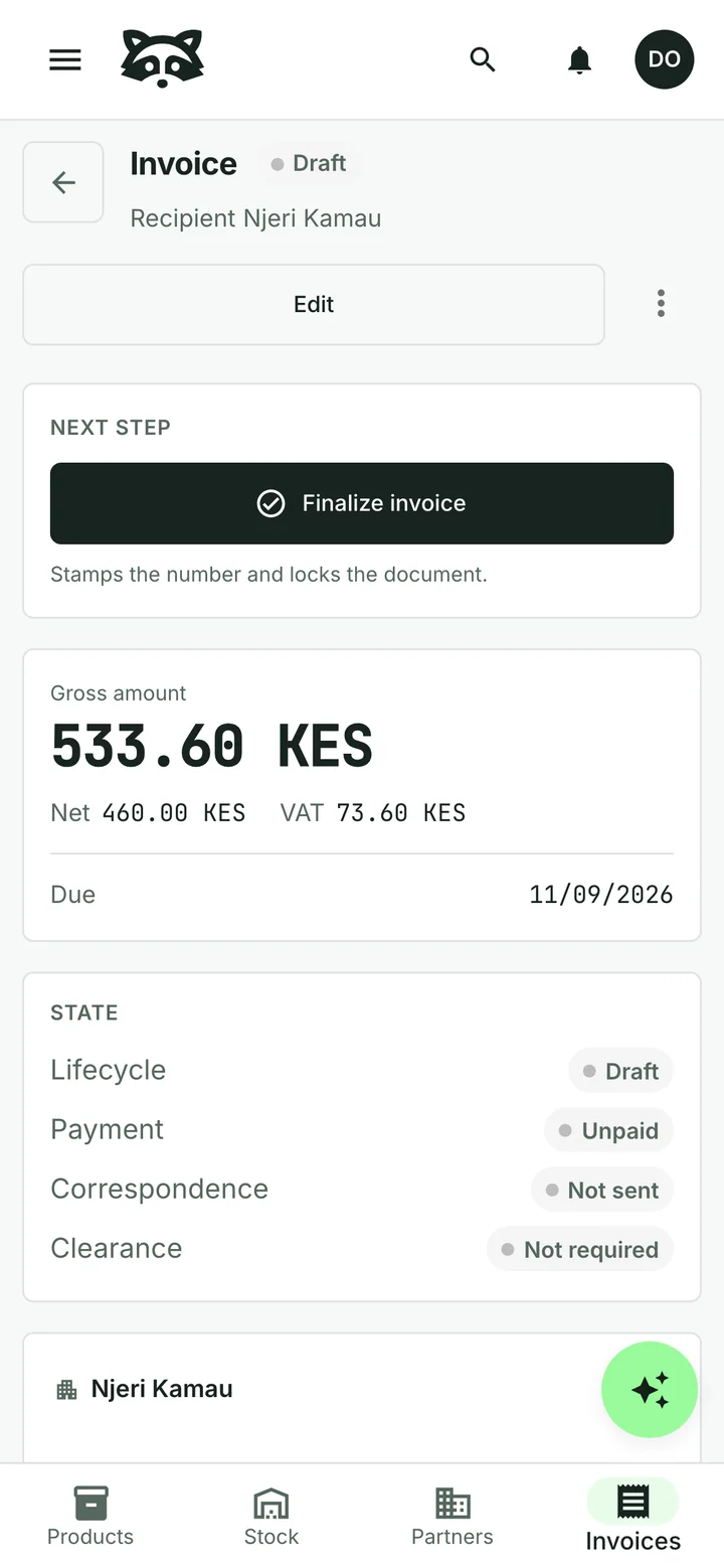 A draft invoice for 23 Mandazi addressed to Njeri Kamau, totalling 533.60 Kenyan shillings, with 460.00 net and 73.60 VAT broken out on the totals card