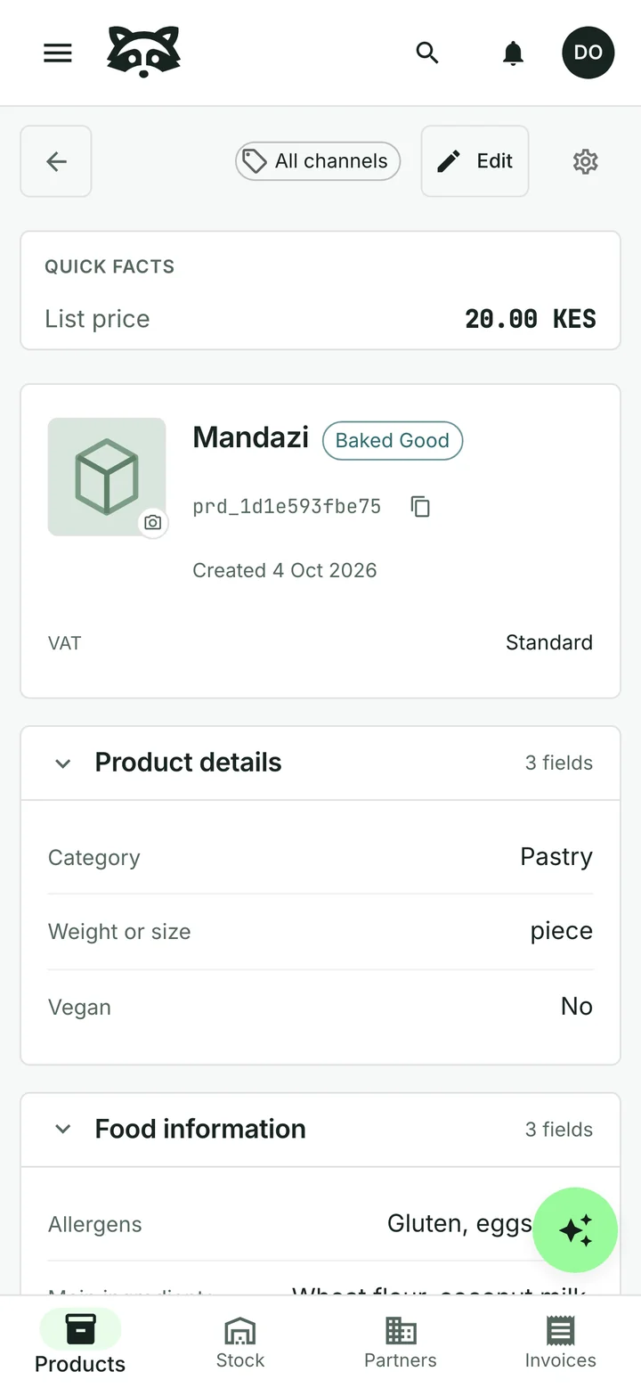 A product record for Mandazi, showing its category, weight, allergens and price in Kenyan shillings