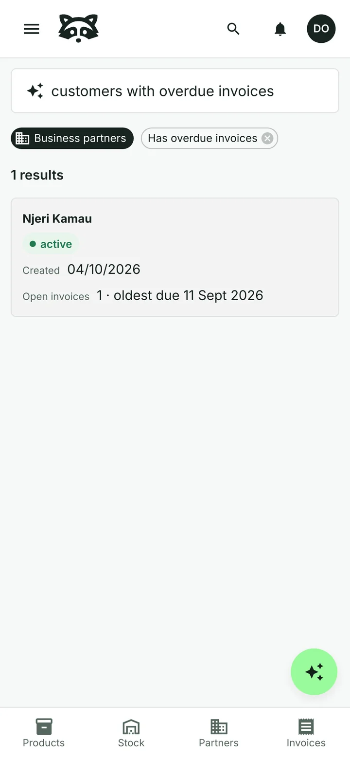 The search page with customers with overdue invoices turned into two filter chips, Business partners and Has overdue invoices, and one result: Njeri Kamau, with an invoice due 11 September 2026