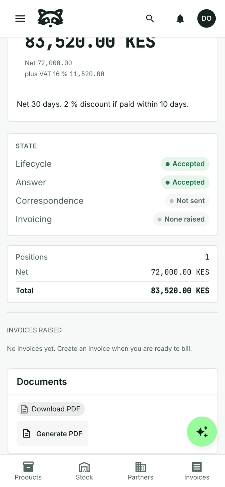 The same quotation after the customer accepted it, with Create invoice as the next step and a gross amount of 83,520.00 Kenyan shillings