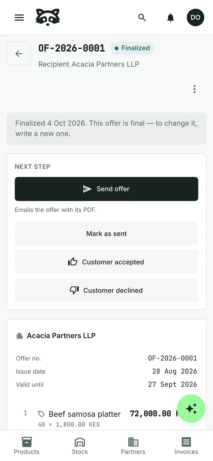 A finalized quotation, OF-2026-0001, to Acacia Partners LLP for 40 beef samosa platters at 1,800 shillings each, valid until 27 September 2026, totalling 83,520.00 Kenyan shillings with 16 % VAT