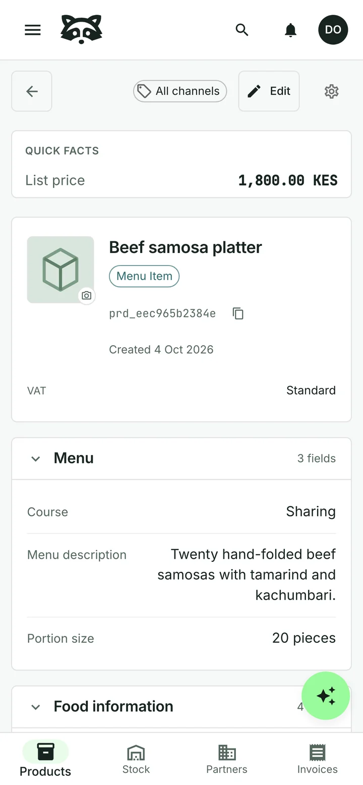 A menu-item record for a beef samosa platter at 1,800.00 Kenyan shillings, filed under the Sharing course and described as twenty hand-folded samosas with tamarind and kachumbari
