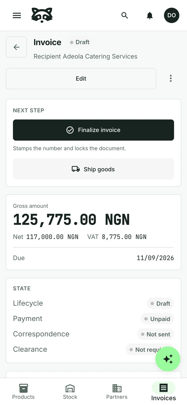 A draft invoice to Adeola Catering Services for fifteen 5 kg bags of Garri, totalling 125,775.00 naira with 117,000.00 net and 8,775.00 VAT on the totals card