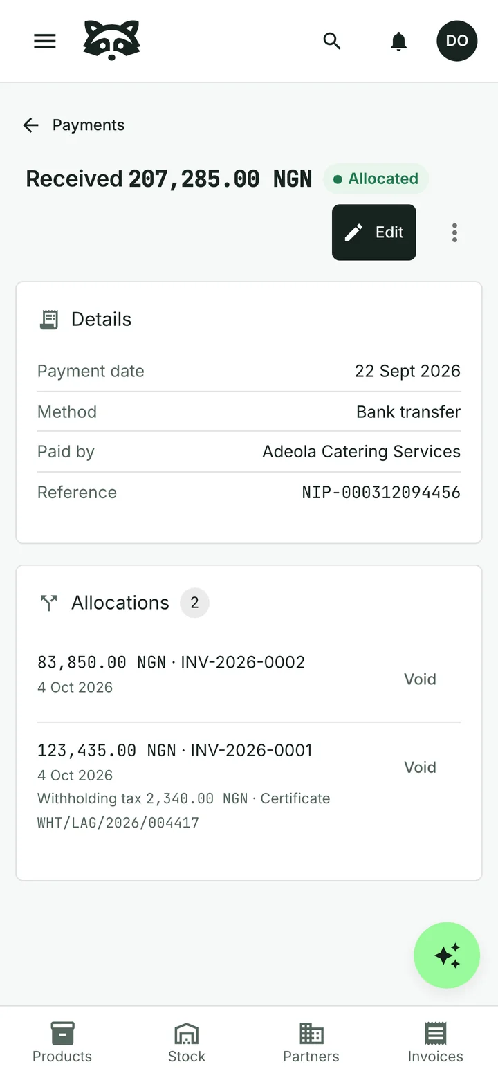 A payment of 207,285.00 naira from Adeola Catering Services by bank transfer, allocated to two invoices: 123,435.00 to INV-2026-0001 with 2,340.00 withholding tax under certificate WHT/LAG/2026/004417, and 83,850.00 to INV-2026-0002