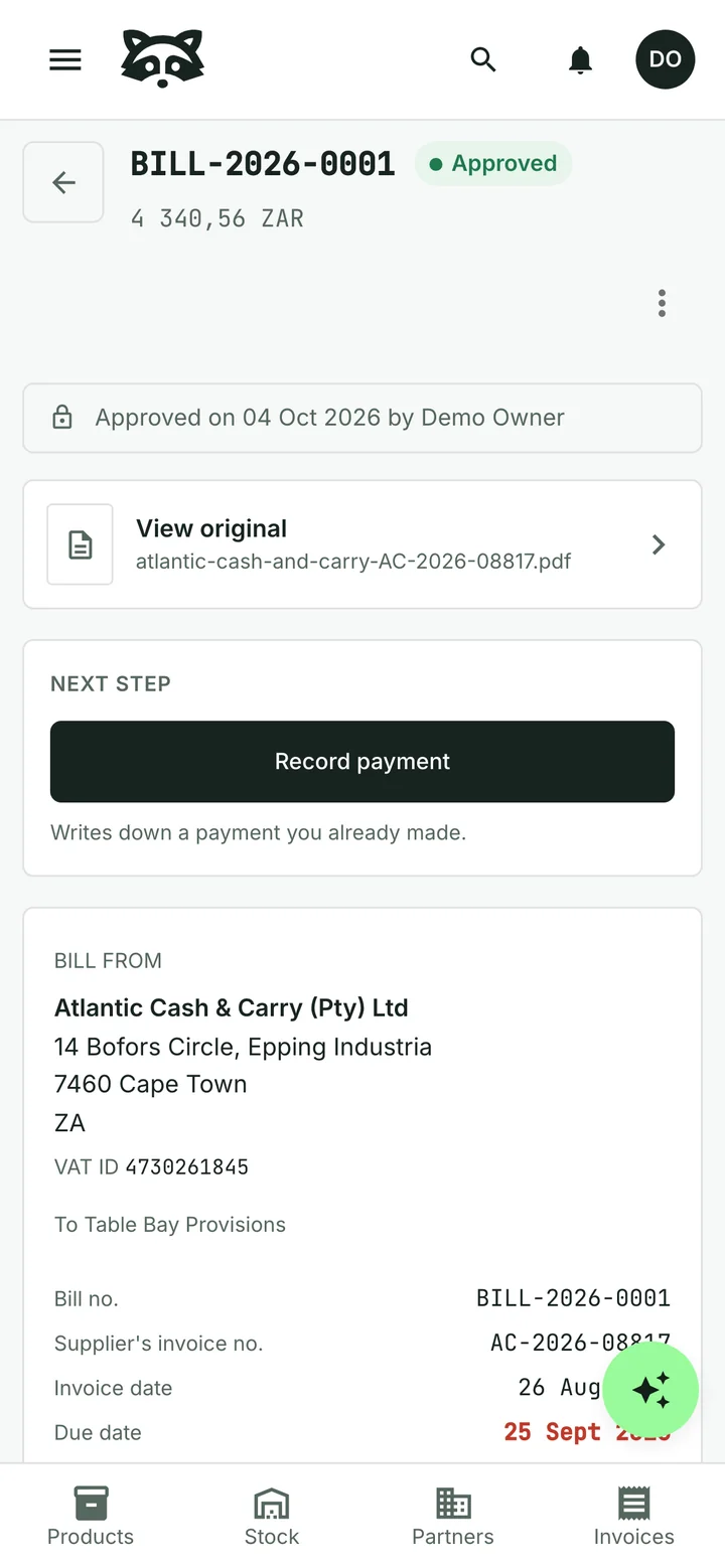 The same bill approved, with the supplier's invoice number AC-2026-08817, its invoice and due dates, and Record payment as the next step