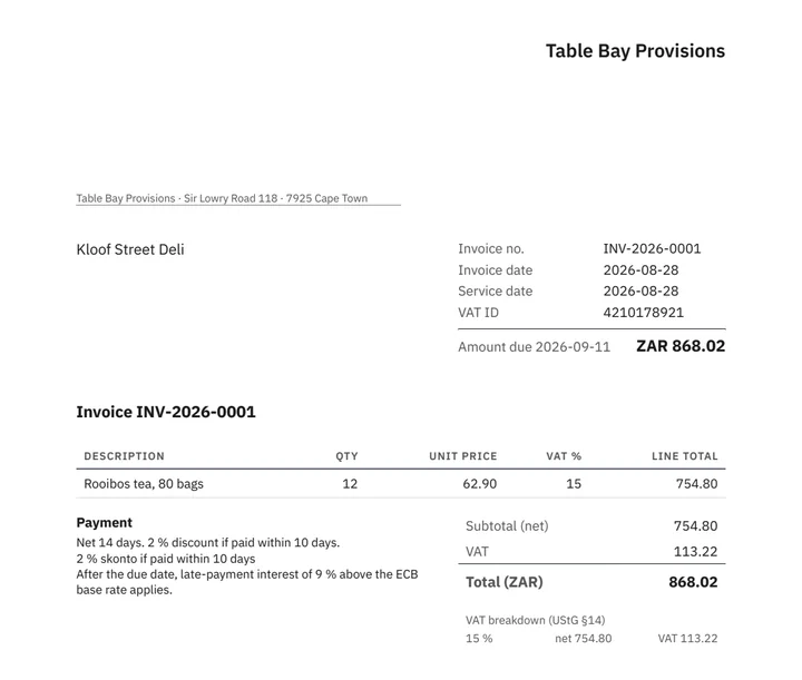 The printed invoice as the customer receives it, headed Table Bay Provisions and addressed to Kloof Street Deli: 12 boxes of Rooibos tea at 62.90, 754.80 net, 15 % VAT of 113.22 and 868.02 rand to pay