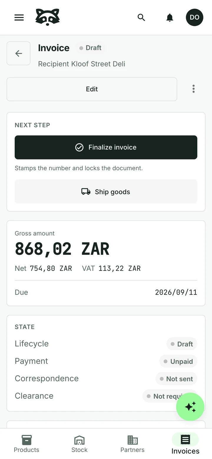 A draft invoice to Kloof Street Deli for twelve packs of Rooibos tea, totalling 868.02 rand with 754.80 net and 113.22 VAT broken out on the totals card