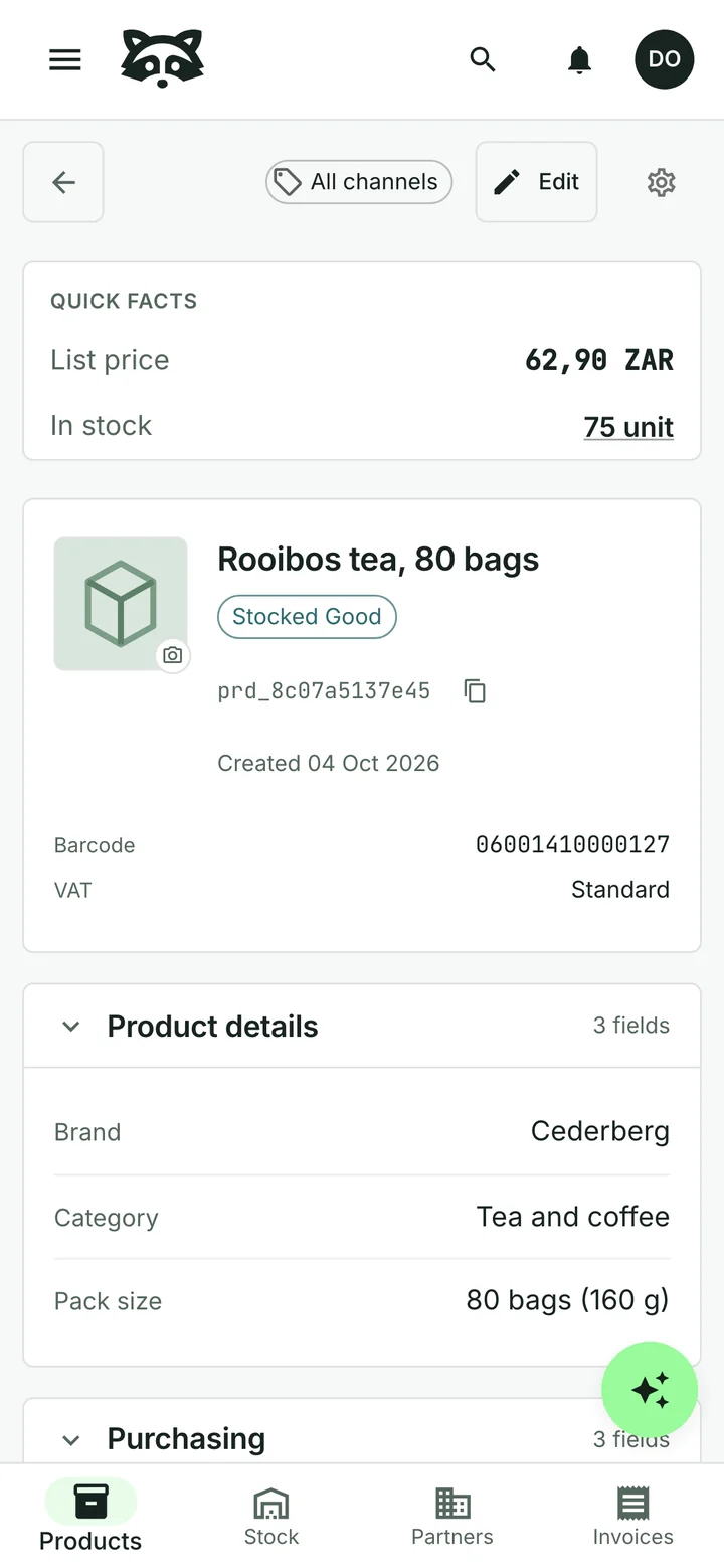 A stocked-good record for Rooibos tea at 62.90 rand, showing its brand, its tea-and-coffee category and an 80-bag pack size