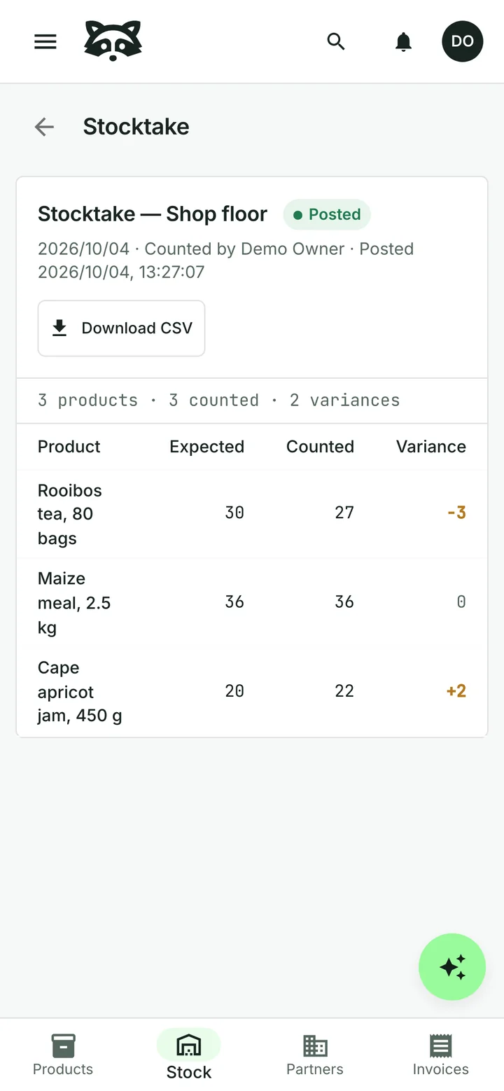 A posted stocktake of the shop floor: Rooibos tea expected 30 and counted 27, maize meal 36 and 36, apricot jam expected 20 and counted 22, with the two variances marked and a Download CSV button