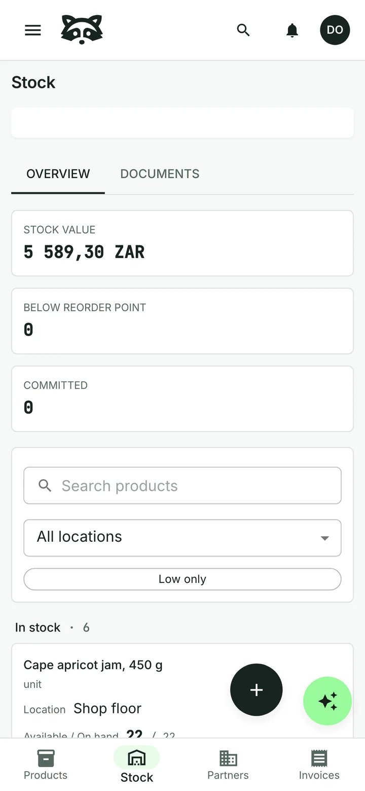 The stock overview for Table Bay Provisions: a stock value of 5 589,30 rand, nothing below its reorder point, and the shop-floor level of Cape apricot jam